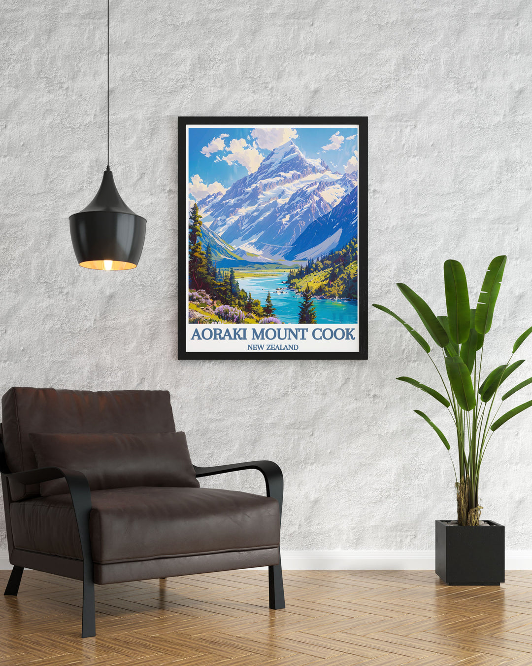 Vintage travel print of Aoraki Mount Cook and Lake Pukaki, rendered in vibrant colors that emphasize the dynamic contrasts and natural beauty of New Zealands landscapes.