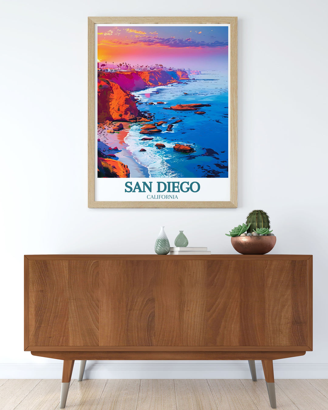 La Jolla Cove poster highlighting the breathtaking landscapes of San Diego. This California print is perfect for those who love California travel and art. A unique addition to your wall art collection, bringing the serene beauty of La Jolla Cove to your home.