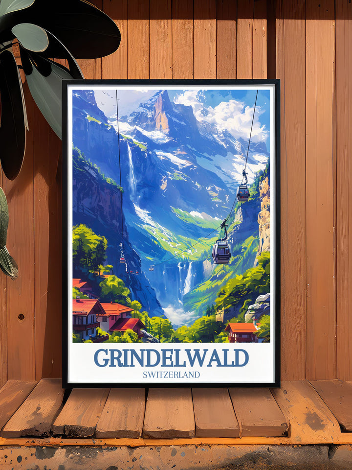 An exquisite home decor piece featuring Eiger mountain Grindelwald First with a stunning Swiss Alps view. This wall art is perfect for those who love Alpine skiing and the charm of Grindelwald.