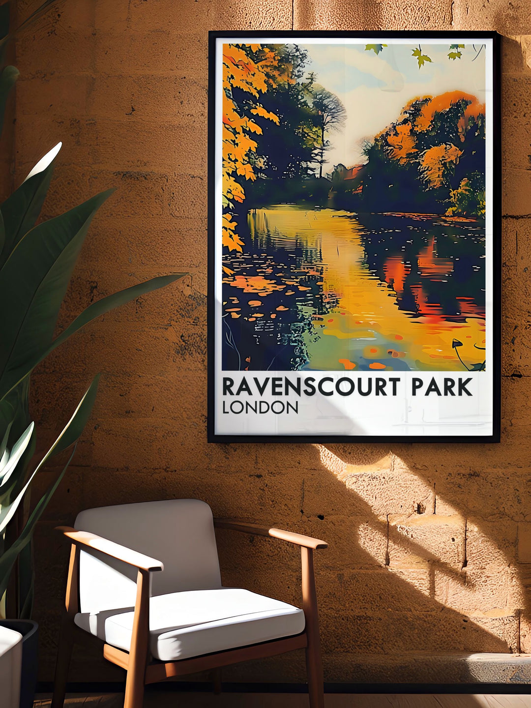 Ravenscourt Park Lake Framed Print showcasing the tranquil lake and historic plane trees. Ideal for any home or office, this London Park Poster brings a touch of natures serenity to your space.