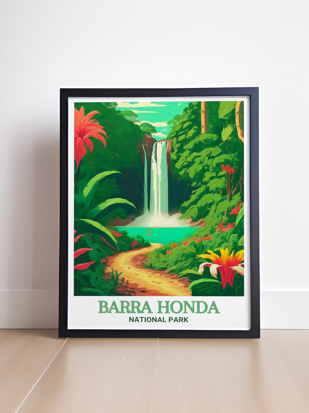 Costa Rica Vintage Poster showcases the timeless beauty of Barra Honda National Park and La Cascada Trail. This travel print is a nostalgic tribute to Costa Ricas rich natural heritage, offering a perfect blend of art and nature for your home or as a special gift.