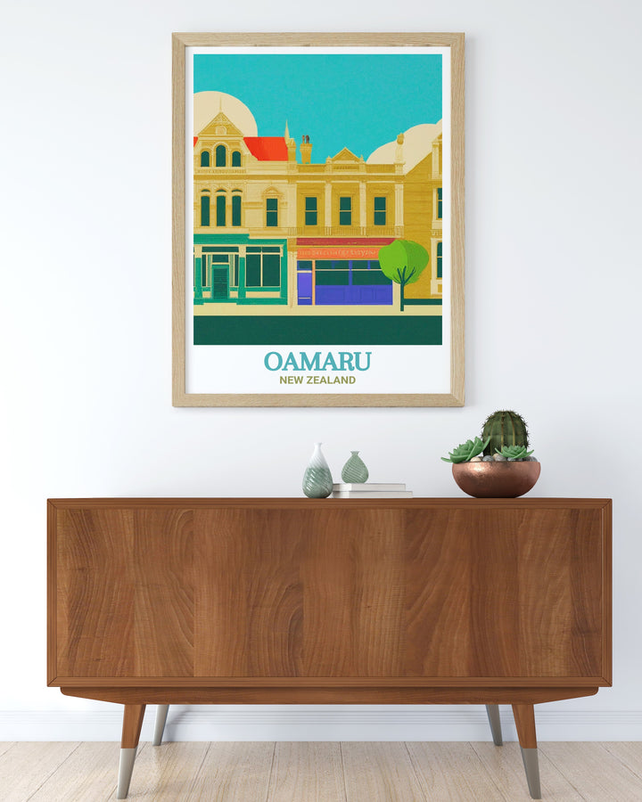 Victorian Travel Poster capturing the unique charm of Oamarus Victorian Precinct, where 19th century architecture meets modern day elegance. This travel poster celebrates New Zealands heritage, ideal for enhancing your home with a historical touch.