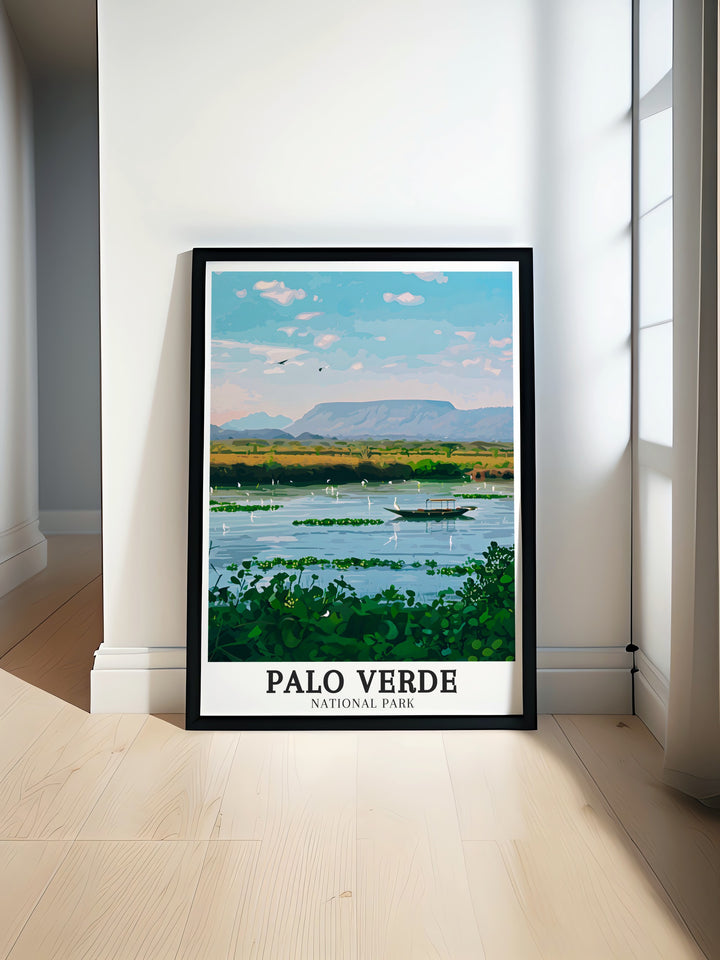 Beautiful Palo Verde National Park poster print showcasing the Tempisque River Flood Plains and Verde Boat Safari a perfect Costa Rica wall art piece that brings the vibrant landscapes of Costa Rica into your living room or office adding a touch of natural elegance.