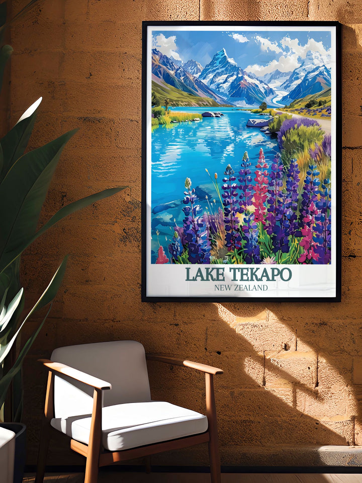 Showcasing the historical richness of Lake Tekapo, this travel poster features iconic landmarks and serene landscapes. Ideal for history enthusiasts, this piece brings the fascinating history of New Zealands landmarks into your home.