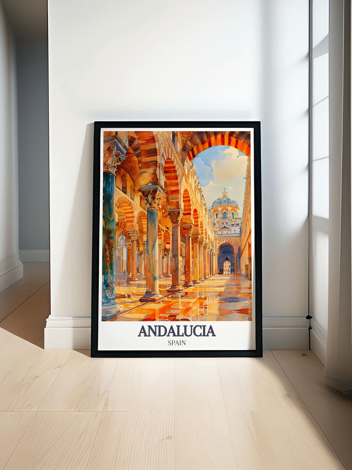Featuring the Mezquitas elegant arches and the Torre del Alminars panoramic views, this travel poster is a beautiful representation of Andalucias historical landmarks.