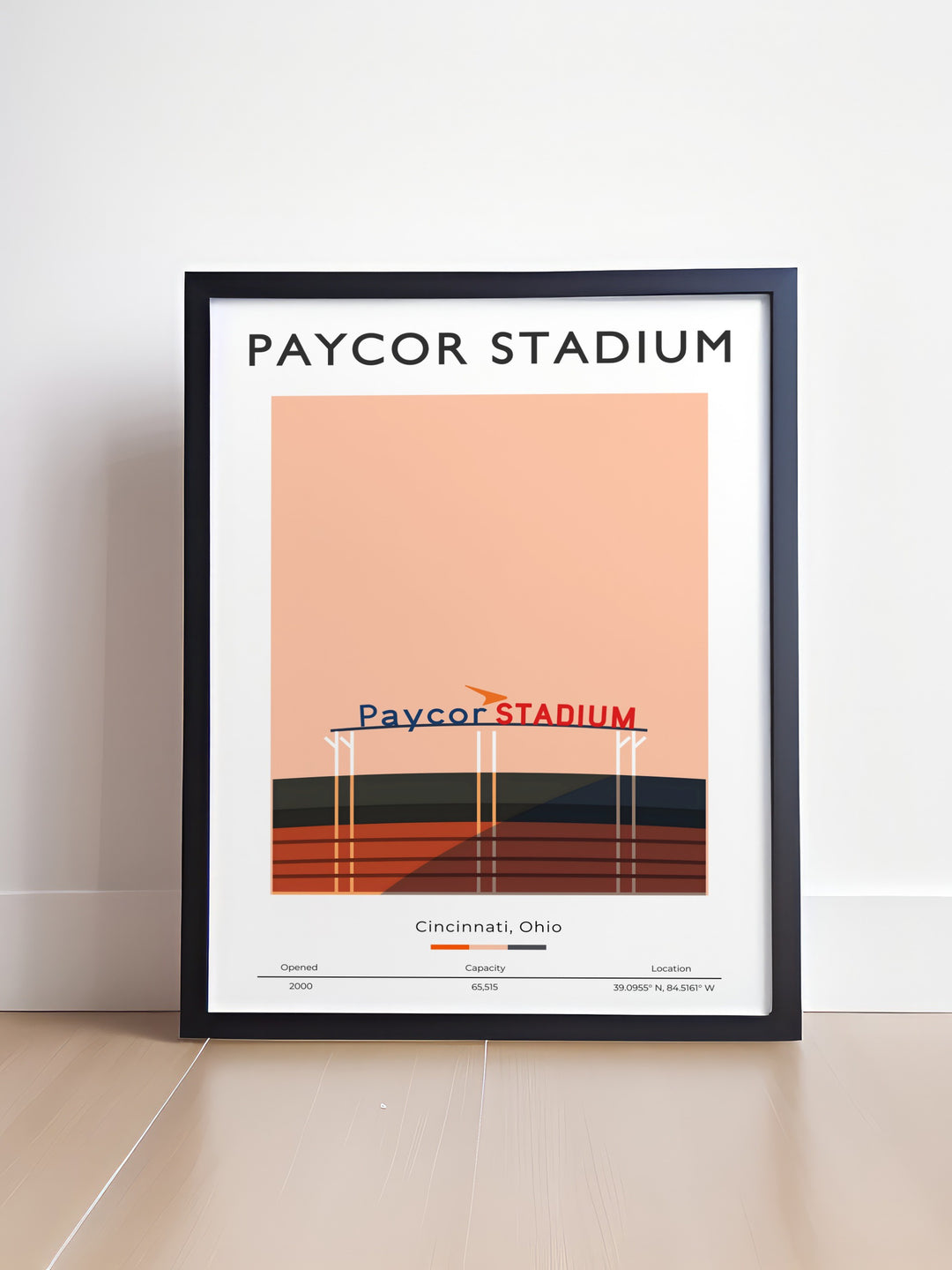 Bengals art print featuring Paycor Stadium and the teams key players Joe Burrow and Joe Mixon designed for football lovers seeking unique wall decor or retro NFL posters for their collection or as gifts for boys and dads