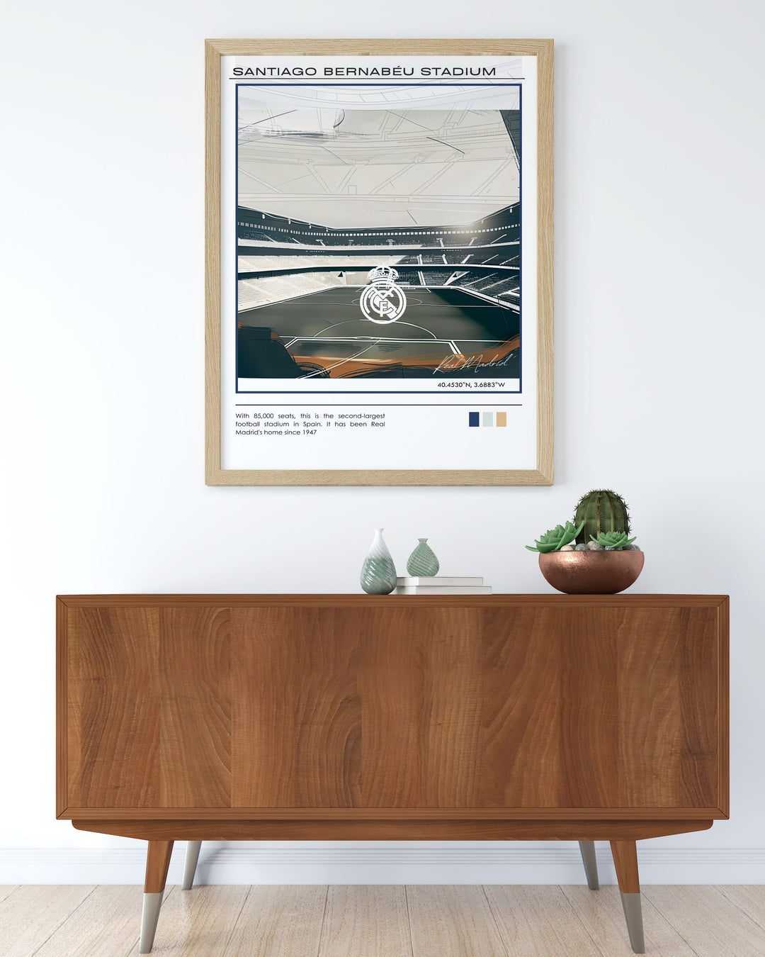 Football printable of Real Madrid and Jude Bellingham at The Santiago Bernabeu a stylish and sophisticated soccer poster for sports fans gifts and room decor