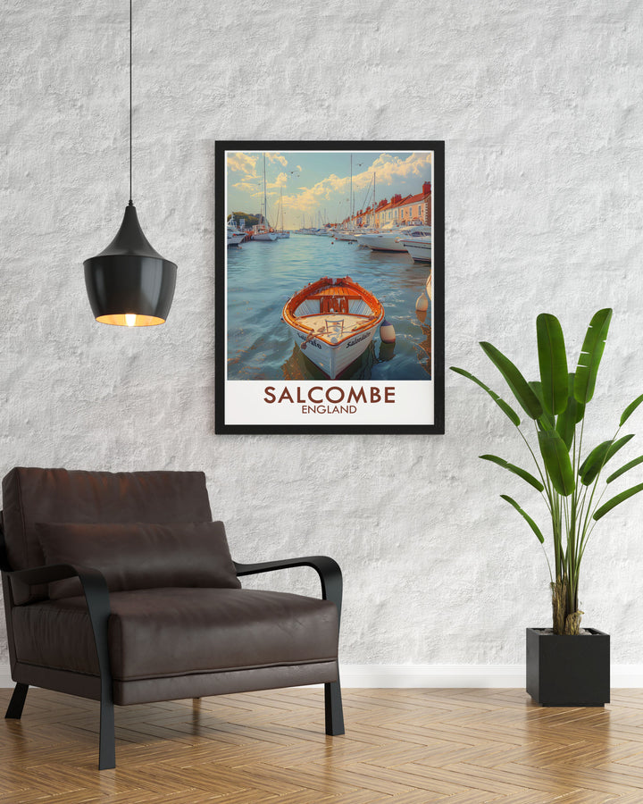 This Salcombe Harbor framed print adds a touch of sophistication to any living room decor with its timeless design and coastal charm