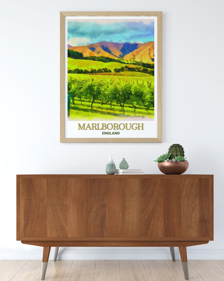 Stunning travel poster of Cloudy Bay Vineyards, showcasing the breathtaking landscape of Marlborough. A perfect gift for wine and art lovers. The vibrant colors and intricate details capture the serene ambiance of this famous New Zealand vineyard.