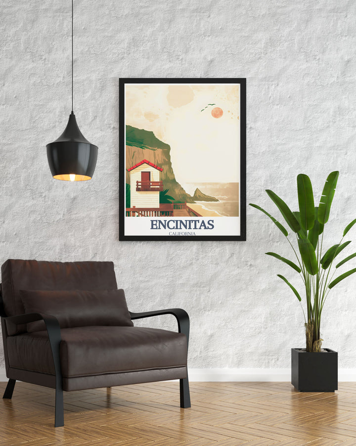 Digital download of a travel poster print depicting Moonlight Beach, Swamis Surf Spot capturing the tranquil beauty and vibrant energy of these iconic locations a perfect choice for Encinitas decor and personalized gifts