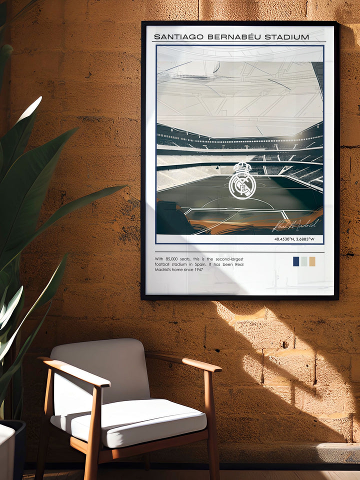 Real Madrid Poster with Jude Bellingham at The Santiago Bernabeu perfect for soccer fans looking to add a touch of elegance to their living space