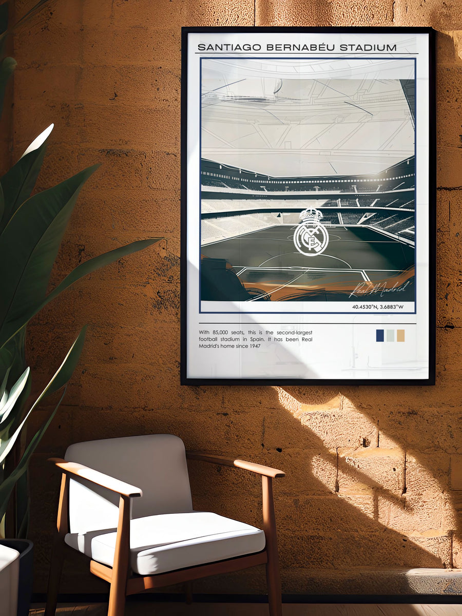Real Madrid Poster with Jude Bellingham at The Santiago Bernabeu perfect for soccer fans looking to add a touch of elegance to their living space