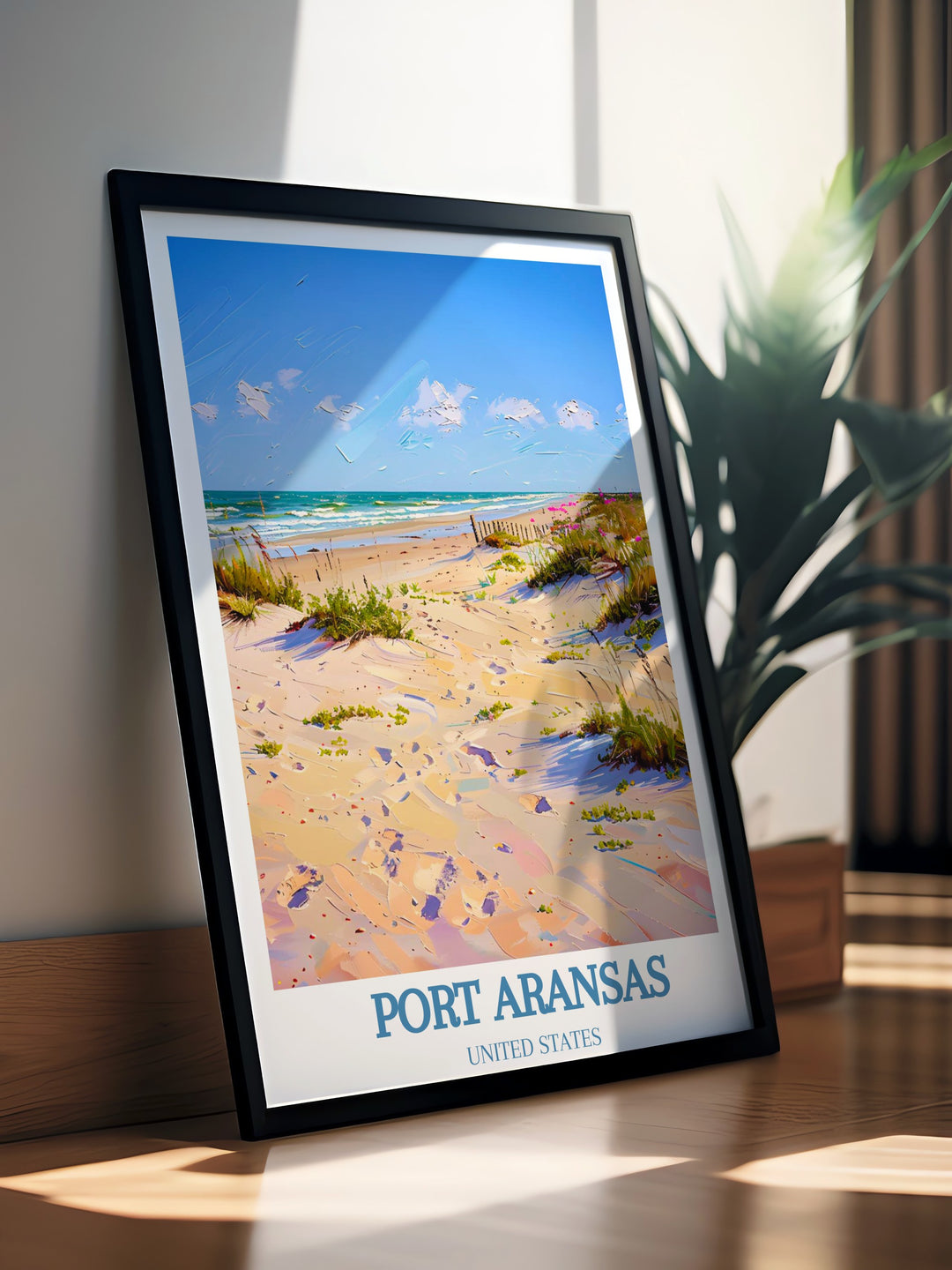 Bring the serene landscapes of Port Aransas into your home with this stunning travel poster. The artwork captures the peaceful ambiance of the Texas coast, making it a must have for any nature lover.