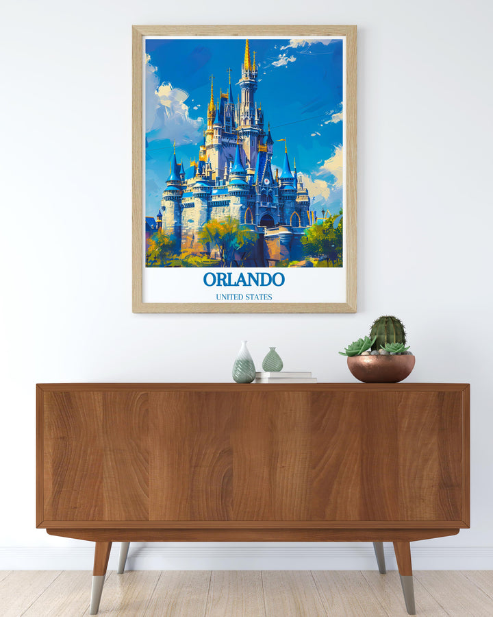 San Diego art print offering a perfect blend of urban energy and coastal serenity along with Cinderella Castle framed prints that bring the timeless beauty of a classic castle into your living room ideal for enhancing your home with vibrant and elegant decor