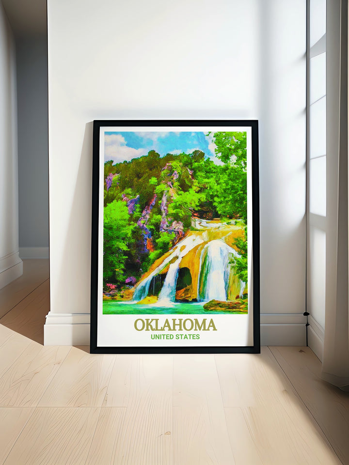 Oklahoma art print featuring a detailed Oklahoma map and Turner Falls Park. A perfect addition to home decor offering a blend of nature and city life. Ideal as a gift for birthdays anniversaries or Christmas for those who love Oklahomas beauty.