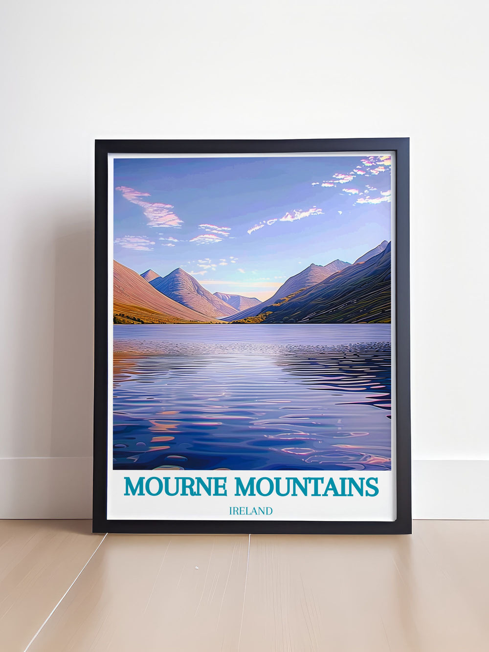 This travel poster beautifully depicts the dynamic landscapes and natural charm of the Mourne Mountains, ideal for adding a touch of scenic beauty and outdoor adventure to any room.