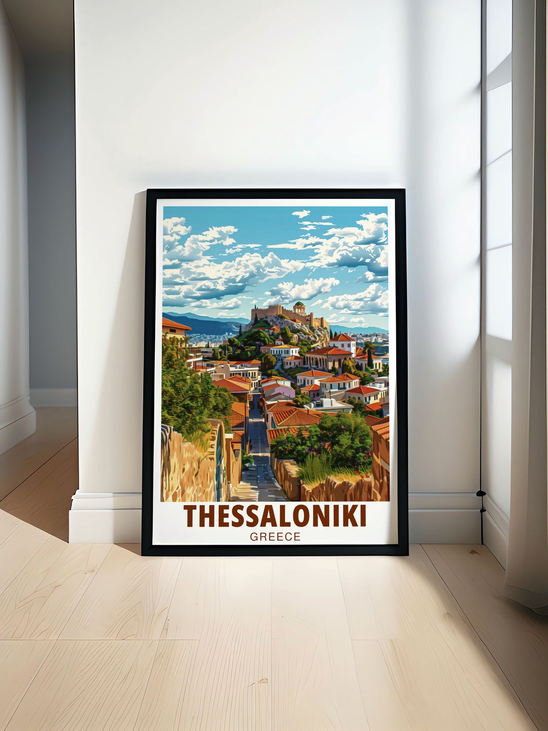 Capture the beauty of Thessalonikis old town with this vibrant travel print of Ano Poli. The posters unique design showcases the charm and history of one of Greeces most iconic neighborhoods, making it a perfect gift for any Greece lover.