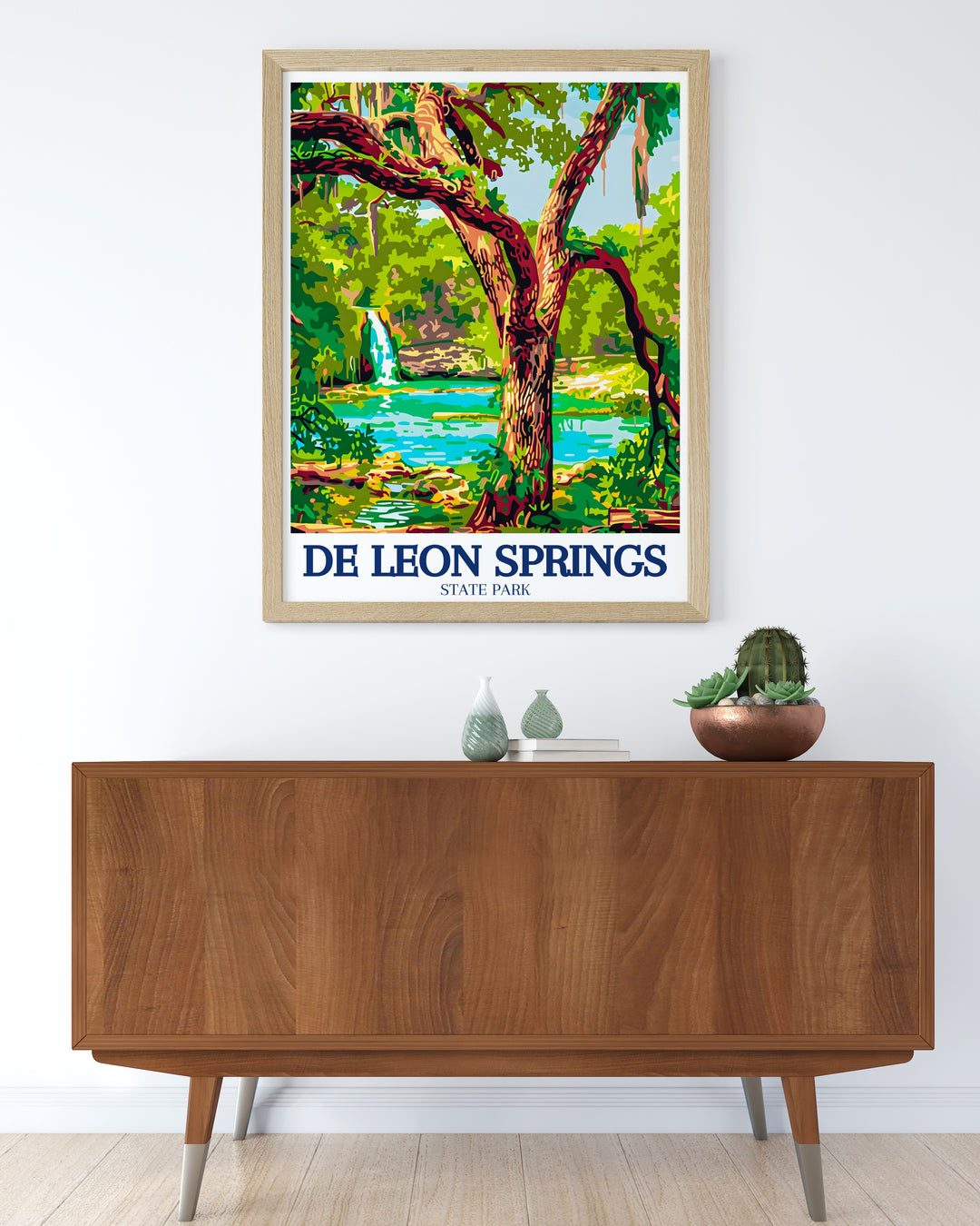 De Leon Springs Vintage Poster reflecting the timeless appeal of Floridas De Leon Springs and the surrounding natural scenery in a classic, vintage style design. This poster is perfect for those who love traditional travel art and want to bring a piece of Floridas unique landscapes into their home decor.