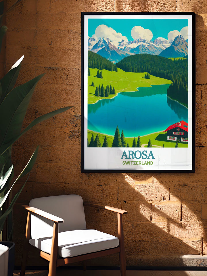 Arosa Travel Poster focusing on the unique blend of alpine adventure, natural beauty, and serene landscapes in Arosa, Switzerland. This custom print captures the essence of the Alps, making it a standout addition to any travel themed wall decor