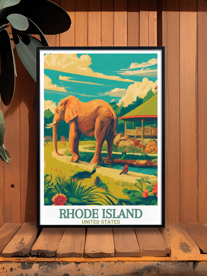 This detailed Rhode Island travel print features the Roger Williams Park Zoo, one of the most iconic attractions in the state. Perfect for those who appreciate art and nature, this poster captures the essence of Rhode Islands wildlife, making it a beautiful addition to any wall.