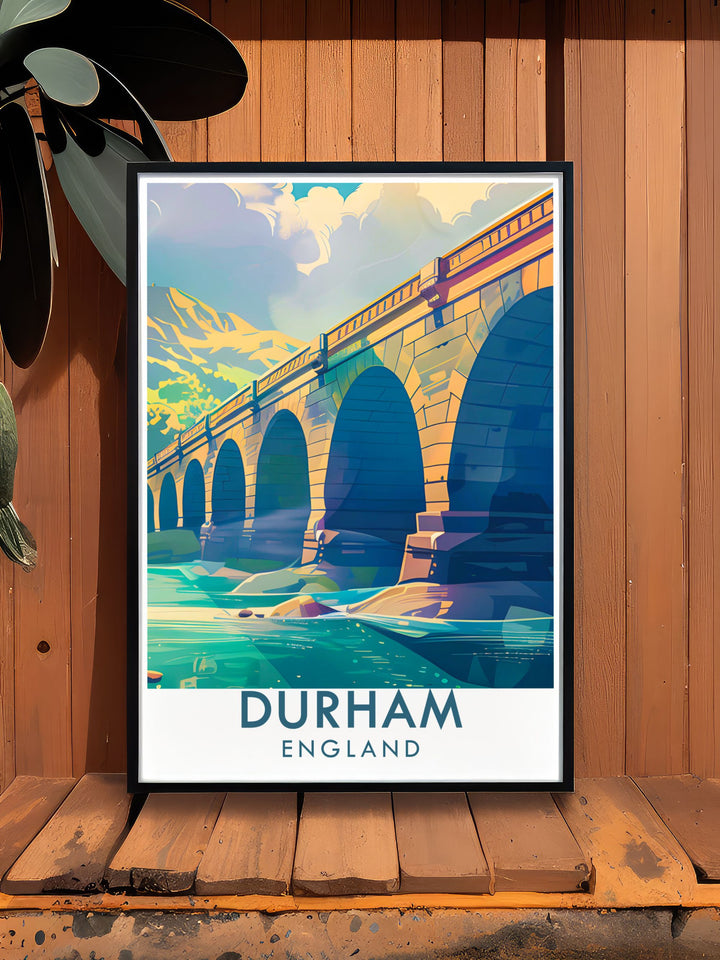 Durhams rich history and scenic river views are celebrated in this poster, featuring the iconic Prebends Bridge and inviting you to explore its enchanting paths.