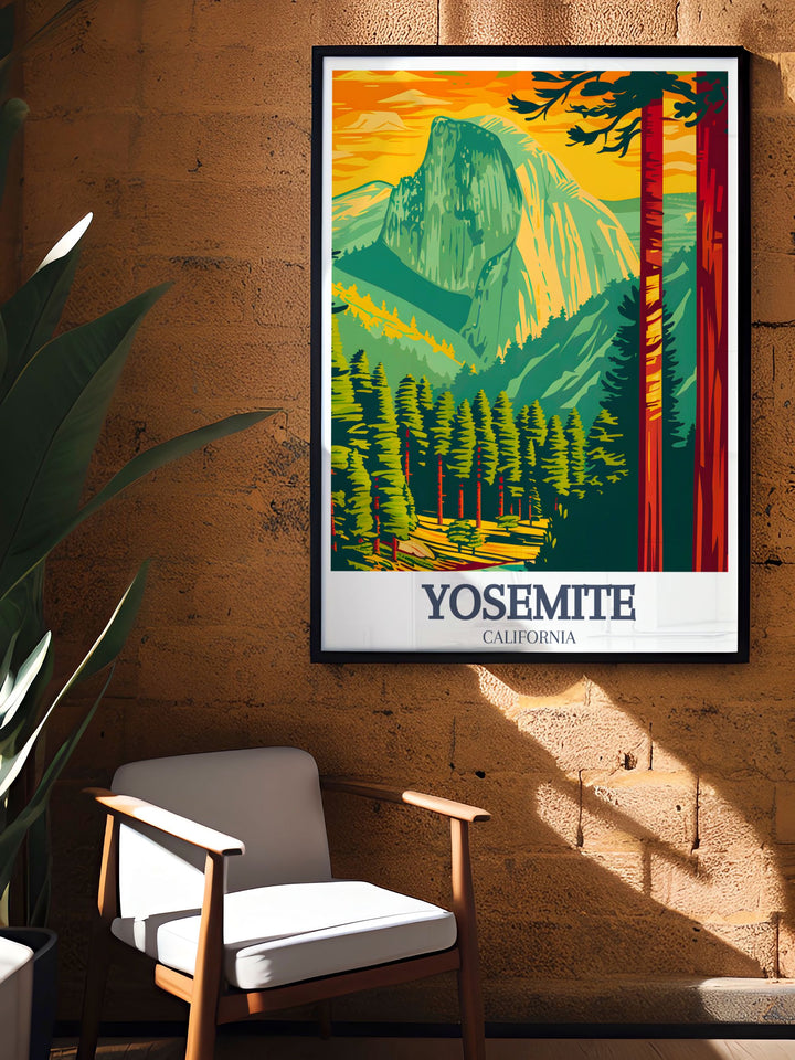 California Ski Print showcasing winter sports action with vibrant imagery of Half Dome and Yosemite Valley for ski lovers