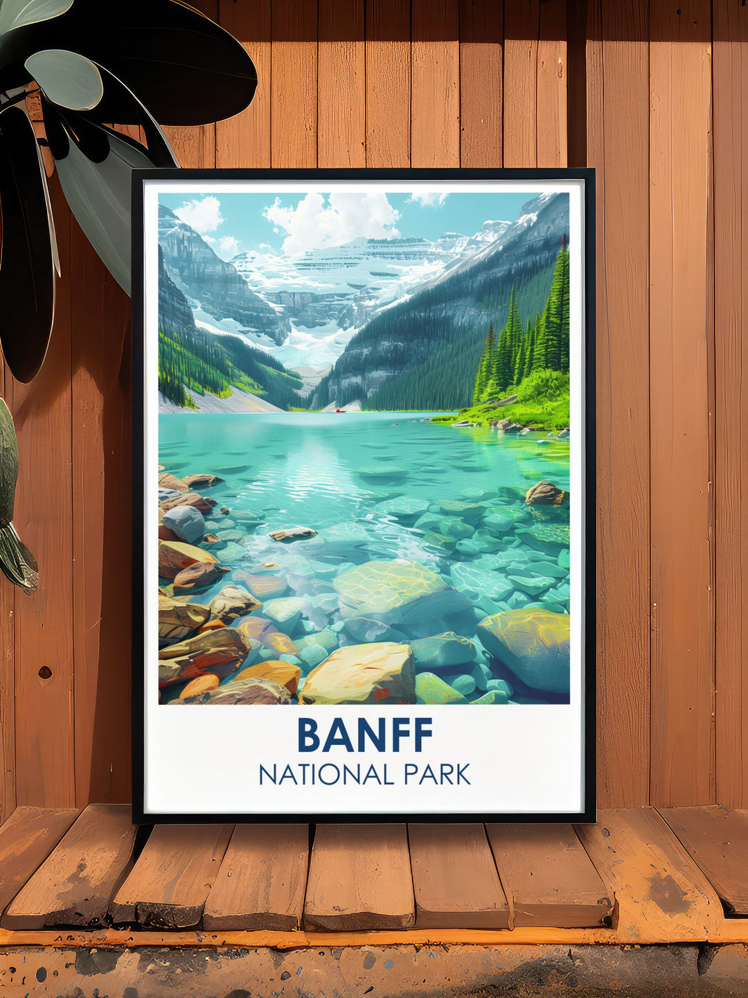 Lake Louise wall decor featuring detailed imagery of the serene lake and surrounding peaks, designed to enhance the aesthetic appeal of any living or work space.