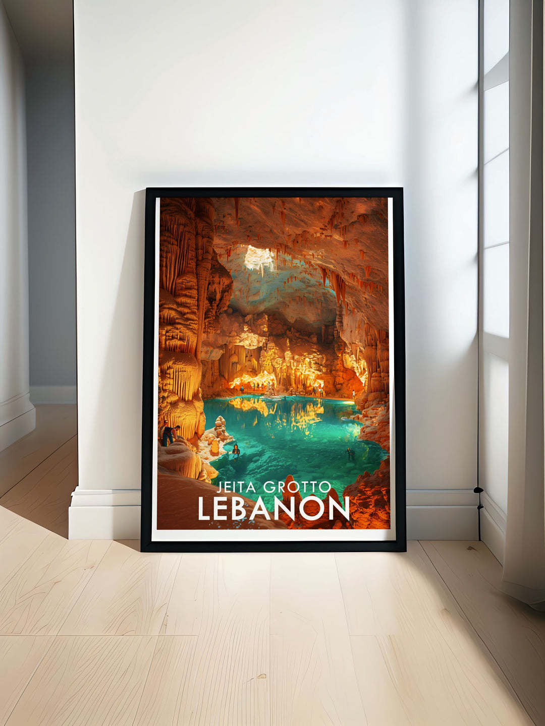 Beirut Print capturing the vibrant cityscape and rich cultural heritage of Lebanon complemented by Jeita Grotto vintage print showcasing stunning limestone formations and underground rivers perfect for home decor and gifts for travel enthusiasts and art lovers