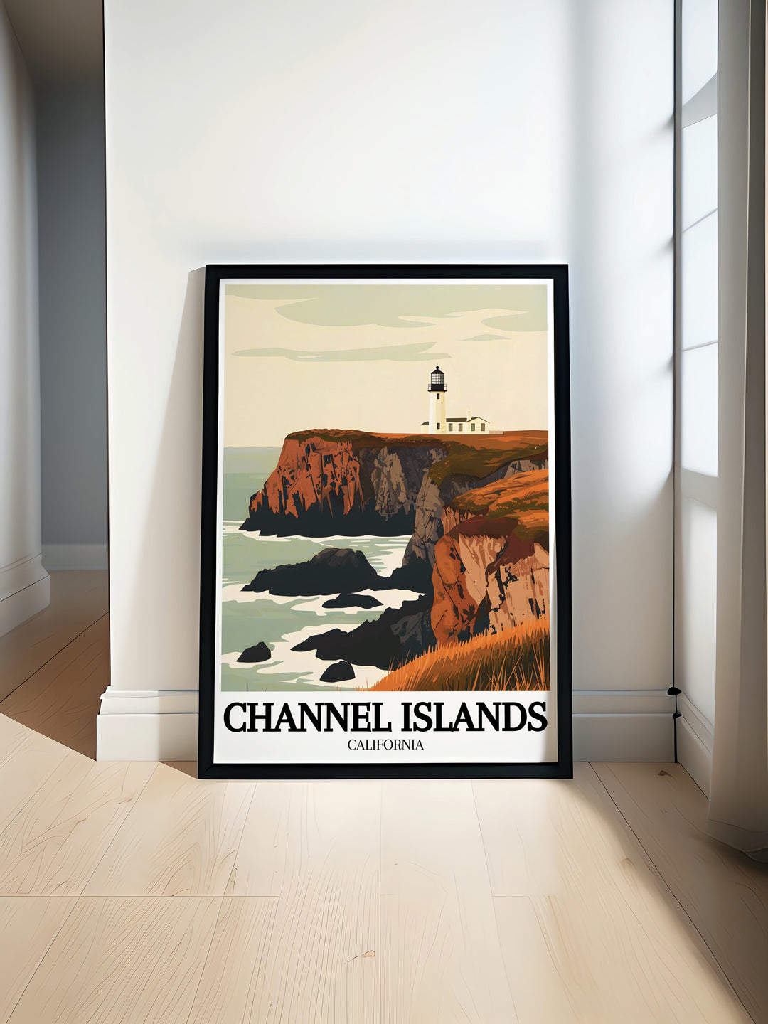 Vintage travel print featuring Anacapa Island, Anacapa lighthouse and Arch Rock in Channel Islands National Park showcasing stunning California coastline and iconic landmarks perfect for home decor and National Park enthusiasts.