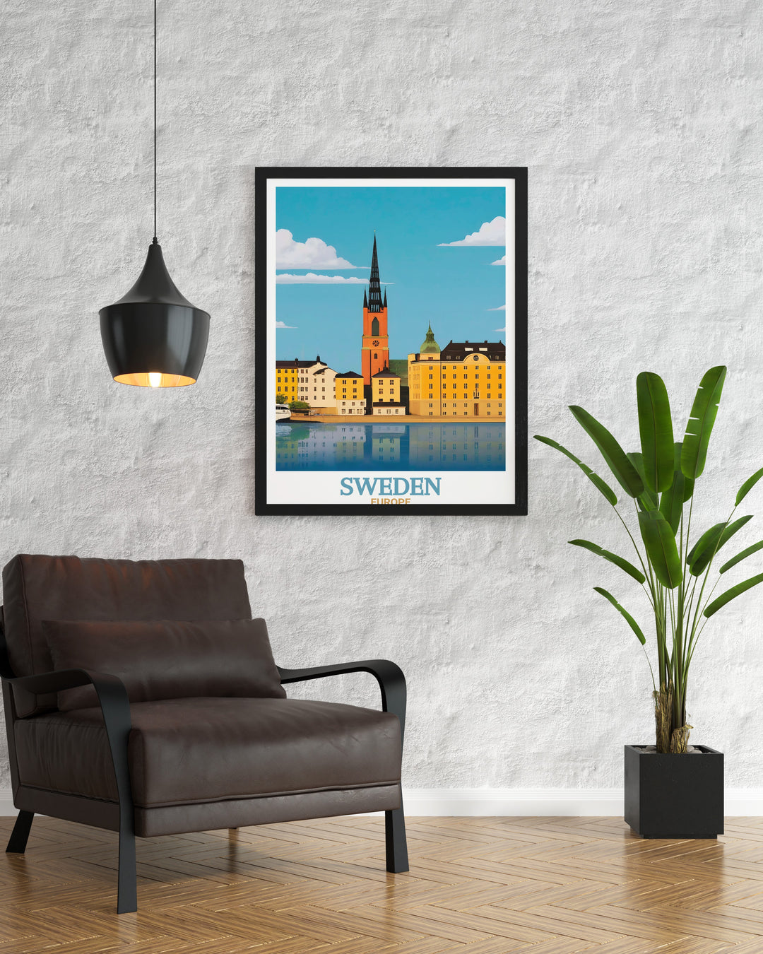 Sweden travel poster showcasing Gamla Stan with its medieval streets and colorful buildings. Ideal for those seeking elegant home decor or a unique travel gift this print adds a piece of Swedens history to any room.