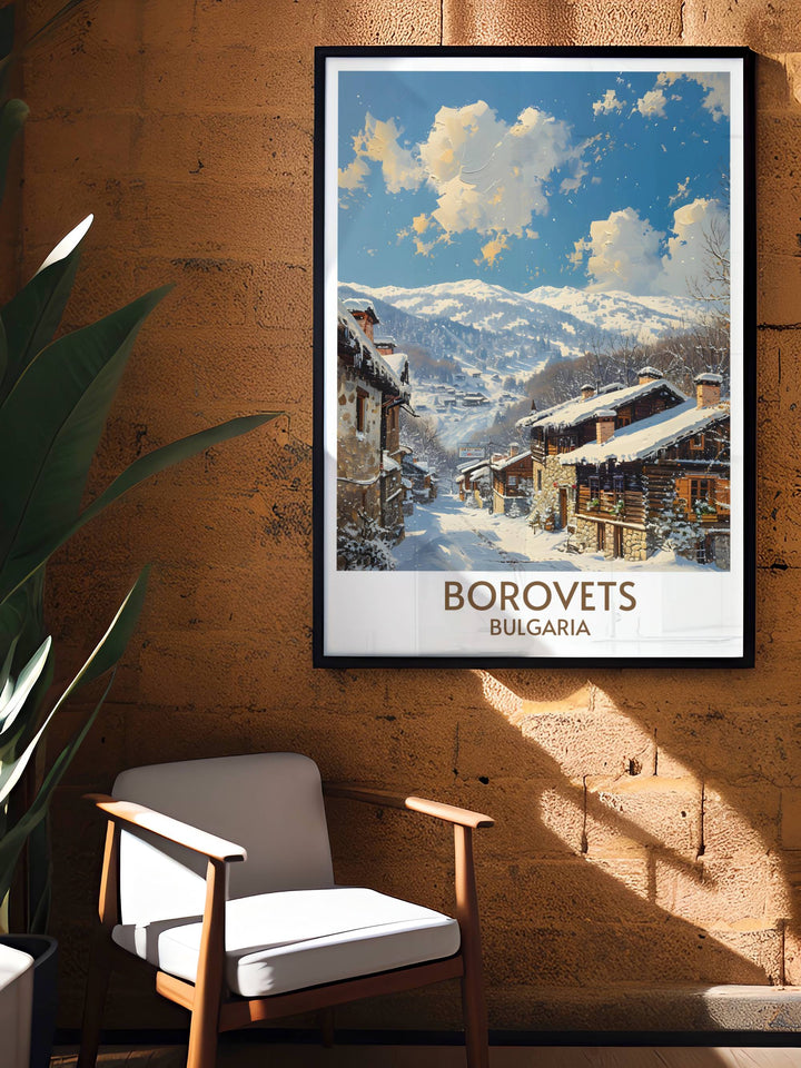 Bucket list prints capturing the essence of skiing in Borovets with panoramic views of snow covered mountains