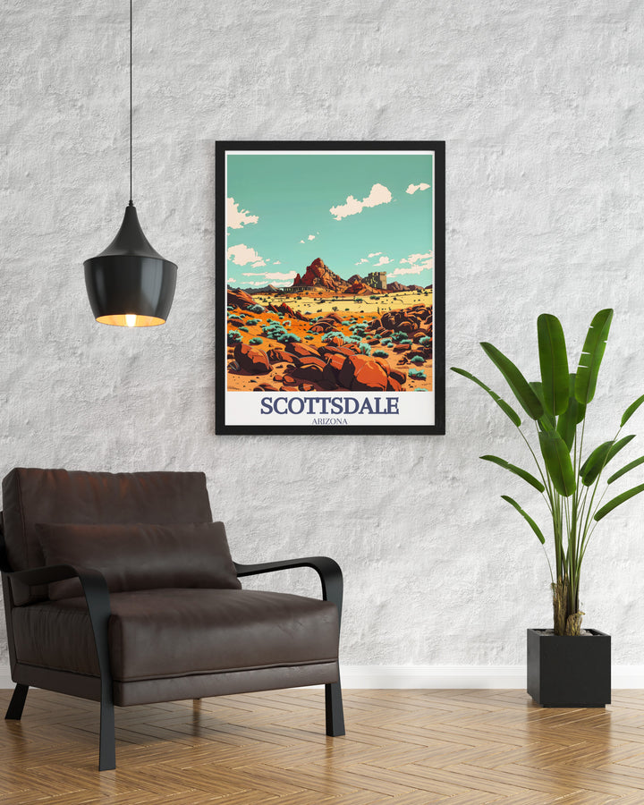 Capturing the essence of Scottsdale, this travel poster features Camelback Mountains rugged terrain and the architectural brilliance of Taliesin West. A stunning art print for any home, blending the beauty of Arizonas desert with its artistic landmarks.