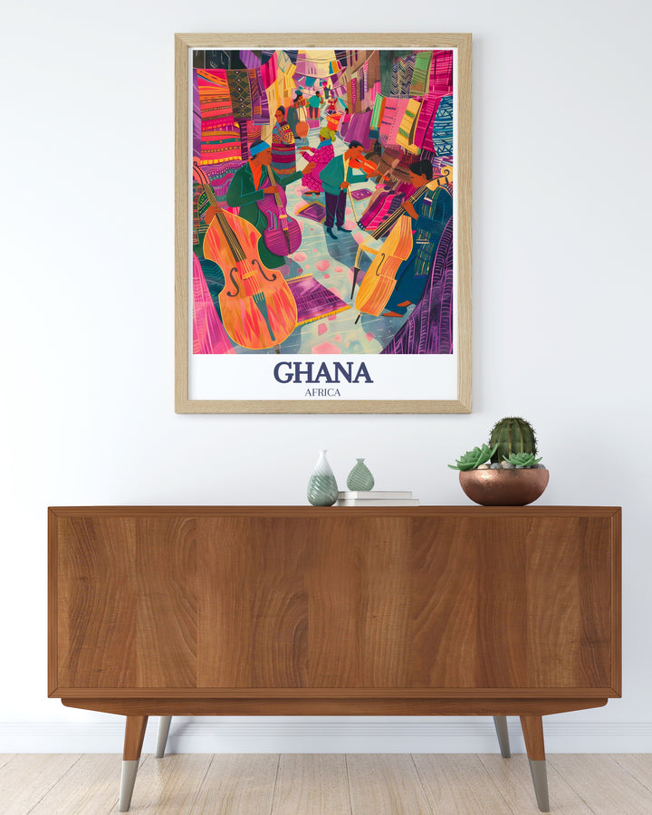 This vibrant Ghana travel poster captures the energy of Accras famous Oxford Street, showing off the bustling atmosphere and modern skyline. Perfect for adding a splash of African culture to your walls, its ideal for home décor or as a gift for travel enthusiasts.