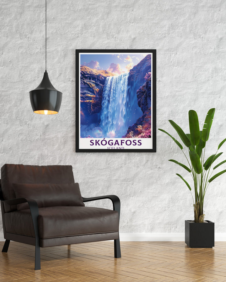 Artistic Skogafoss Waterfall Poster Print showing the dynamic flow and rugged beauty of one of Icelands most renowned waterfalls adding a sophisticated touch to any room with its elegant depiction of natural landscapes perfect for Waterfall Modern Prints and Bucket List Prints