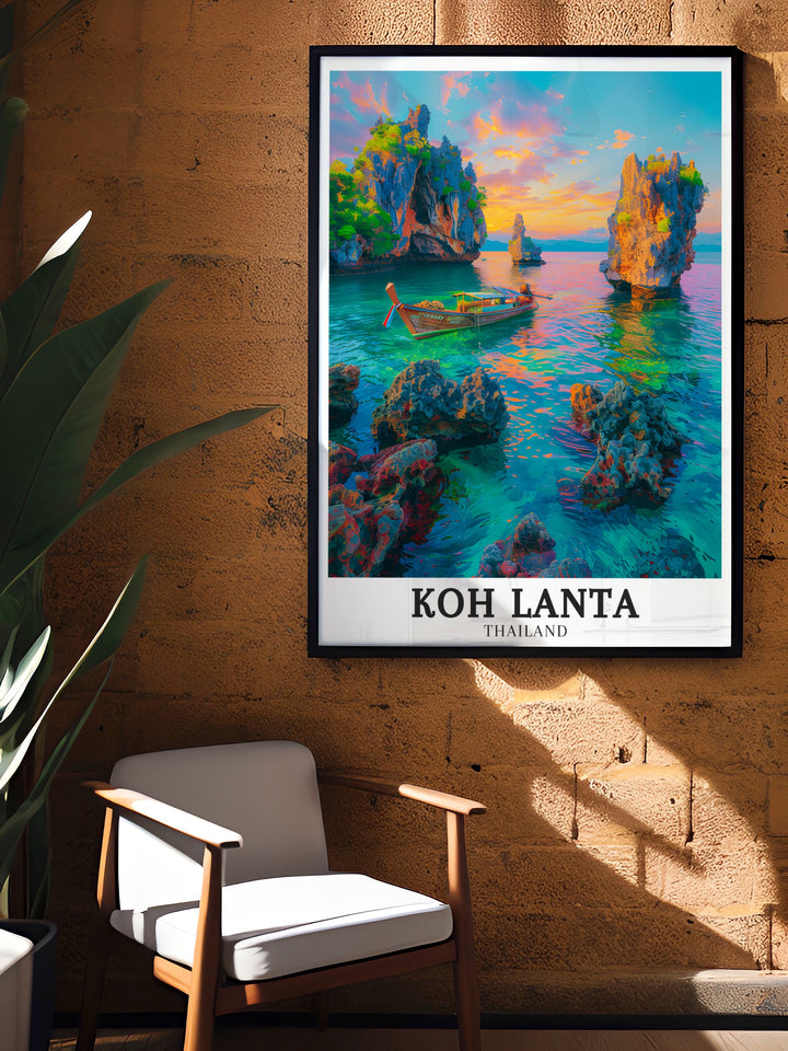 The tropical beauty of Mu Ko Lanta National Park Ko Talabeng is captured in these stunning beach art prints. Perfect for beach lovers and travelers these prints offer a serene island feel to any room making them a great addition to modern home decor.