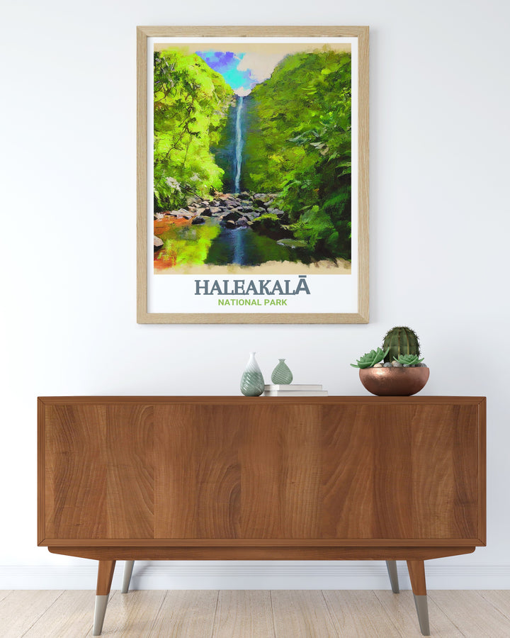 Scenic poster of Kīpahulu District highlighting the diverse ecosystems and serene beauty of Haleakalā National Park. This captivating artwork is ideal for enhancing your home decor with a piece that celebrates the natural wonders of Hawaii.