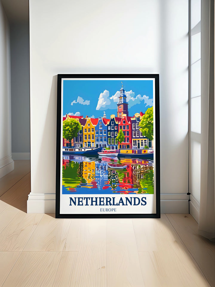 This stunning framed print features the serene beauty of Amsterdam Canal Westerkerk capturing the essence of the Netherlands with its iconic windmills and vibrant tulip fields perfect for elegant home decor and a modern travel print collection