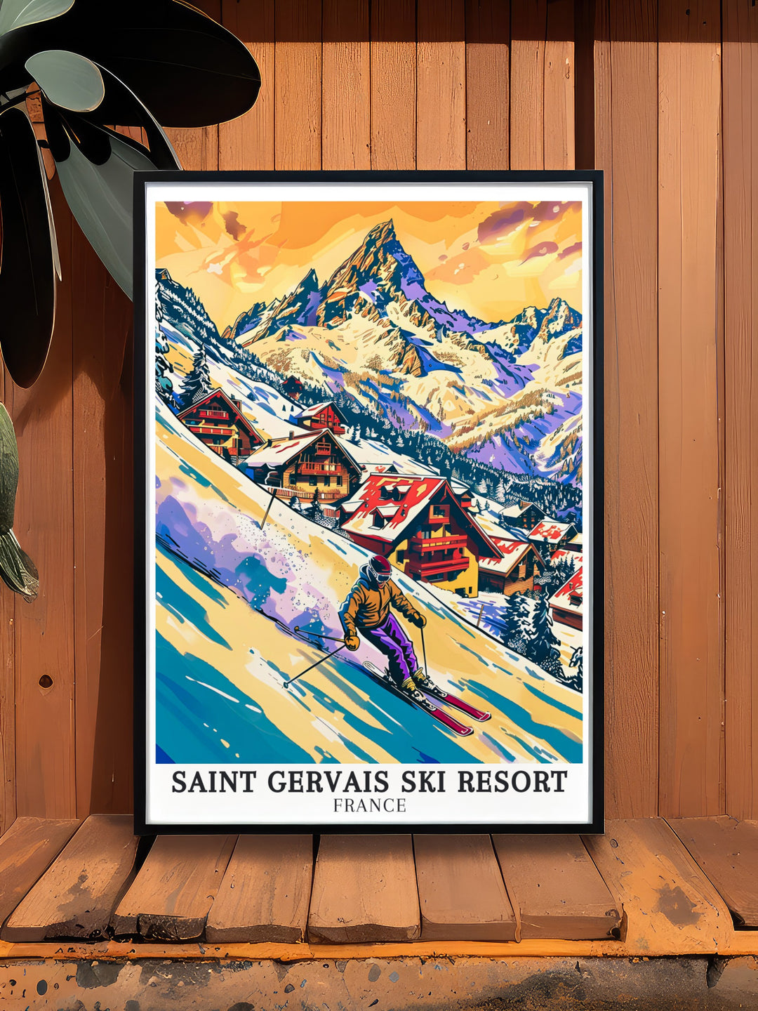 A retro ski poster featuring Saint Gervais and the surrounding Mont Blanc area. This artwork brings a vintage flair to your home decor, celebrating the rich history and enduring appeal of skiing in the French Alps.