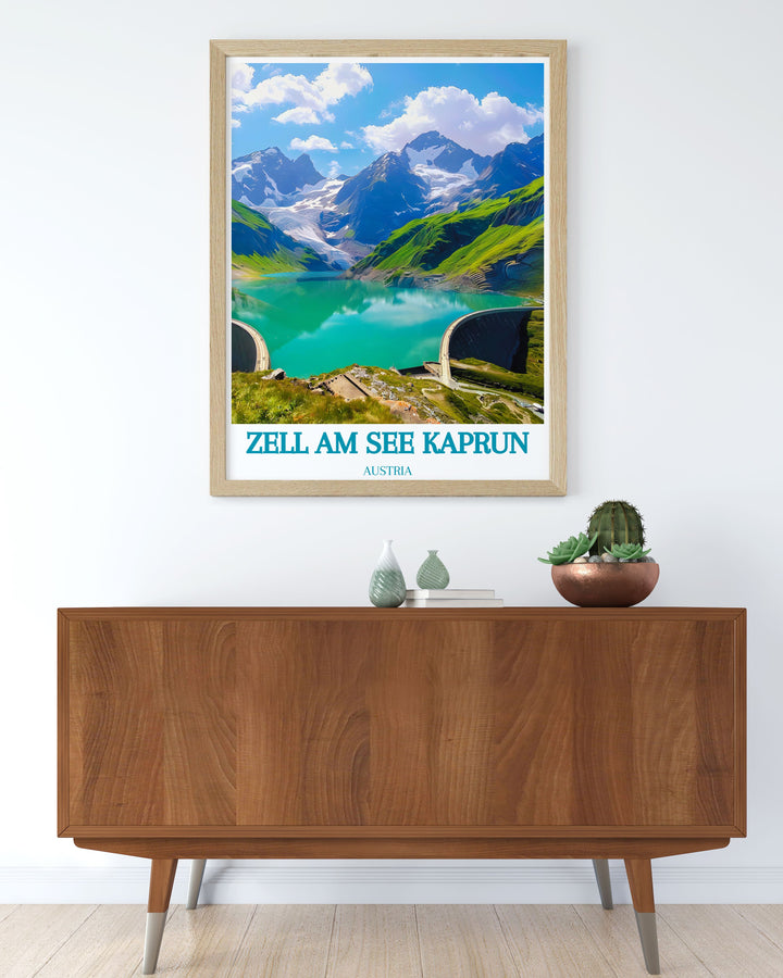 Discover the beauty of Zell am See Kaprun with this travel poster. The detailed illustration showcases the regions stunning alpine scenery, from the majestic peaks and glistening lake to the charming ski resort, inviting you to explore Austrias winter wonderland.
