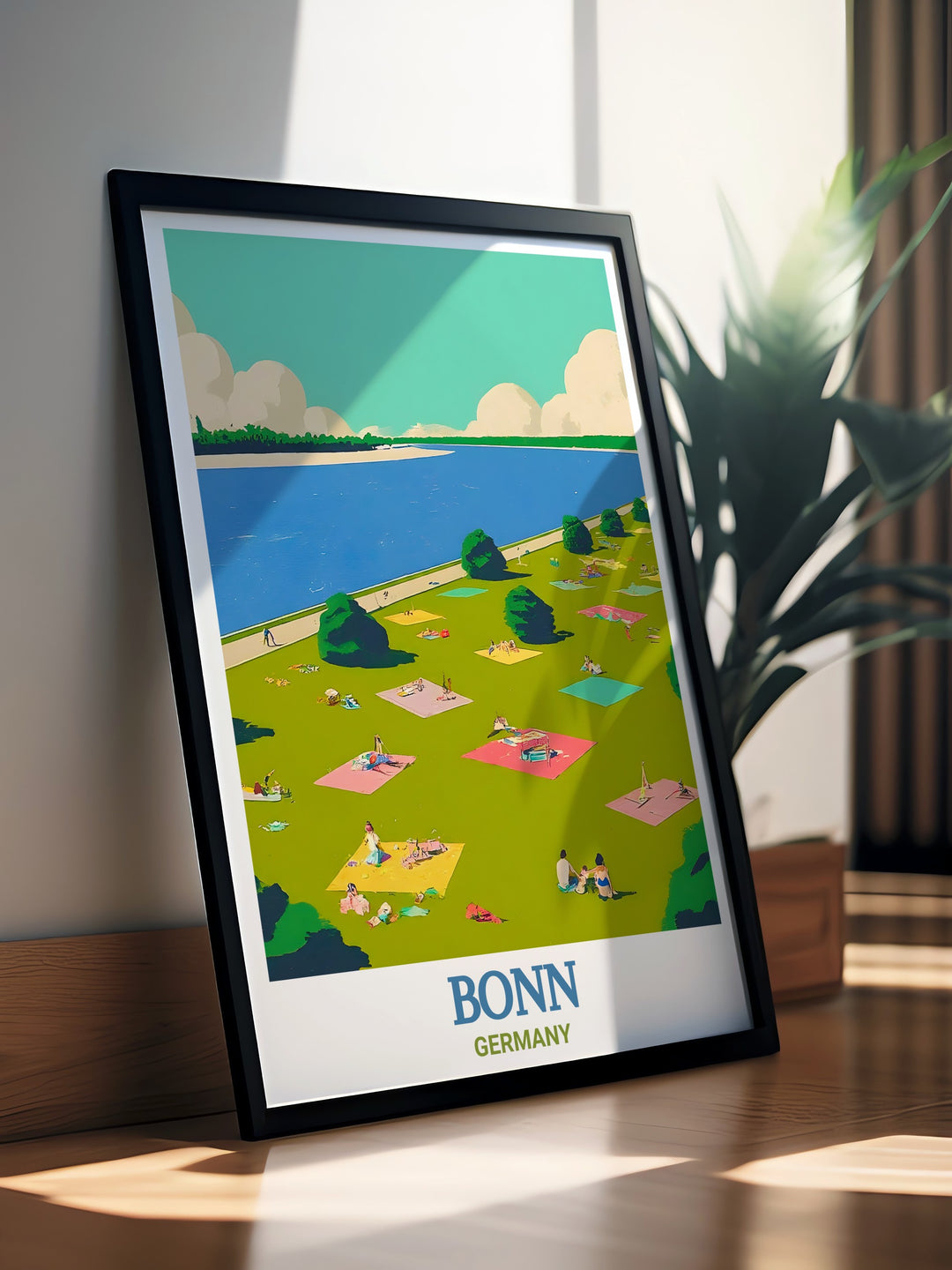 Germany travel print showcases the lush greenery of Rheinaue Park in Bonn, offering a serene and picturesque view. Ideal for nature lovers, this wall art brings the beauty of one of Germanys most beloved parks into your living space.