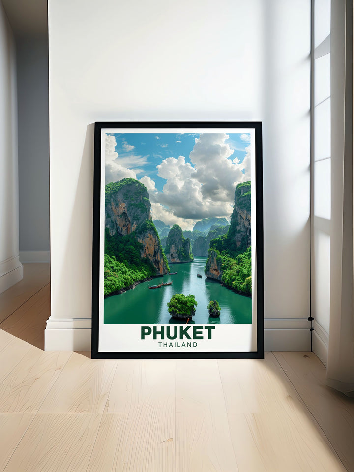 Thailand travel poster featuring the stunning beauty of Phang Nga Bay perfect for home décor showcasing the emerald waters and towering limestone karsts of this iconic destination ideal for lovers of Thailand travel and Southeast Asia art