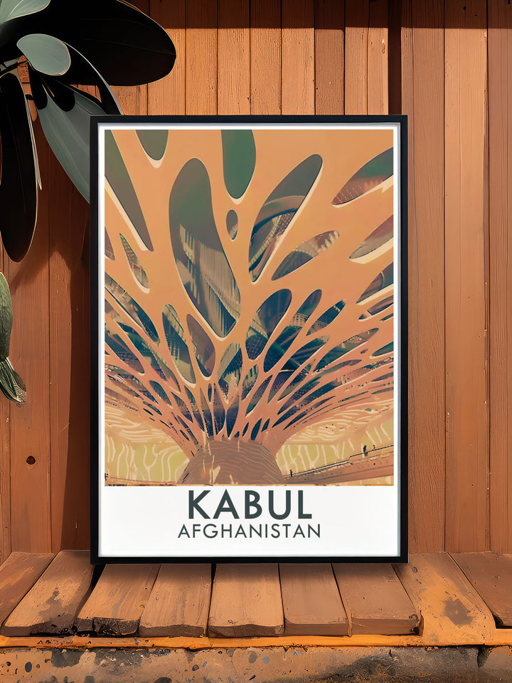 A vibrant depiction of the Kabul National Museum, reflecting its role in preserving Afghan culture. The travel poster highlights the museums stunning architecture and extensive collection of artifacts.