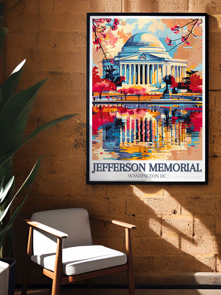 This travel print of the Jefferson Memorial showcases the grandeur of the Grand Rotunda and the Tidal Basins tranquil view. Its a perfect wall art piece for those who appreciate Americas founding fathers and the significance of Washingtons architectural landmarks.