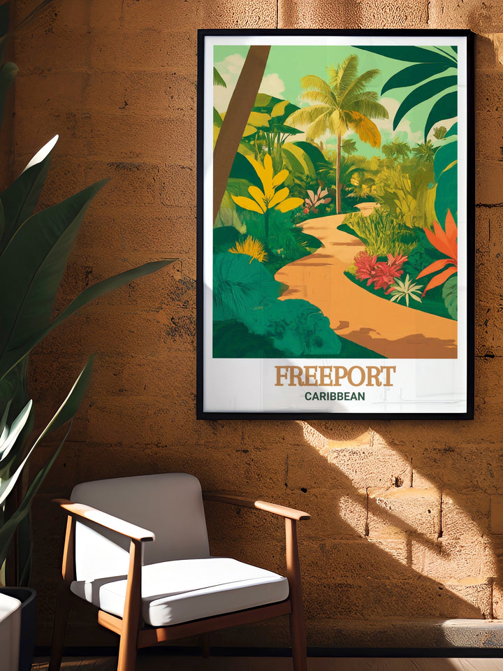 The tranquil atmosphere of the Garden of the Groves and the lively spirit of Freeport are beautifully illustrated in this travel poster, offering a visual journey through some of the Caribbeans most cherished landscapes, perfect for enhancing your home decor.