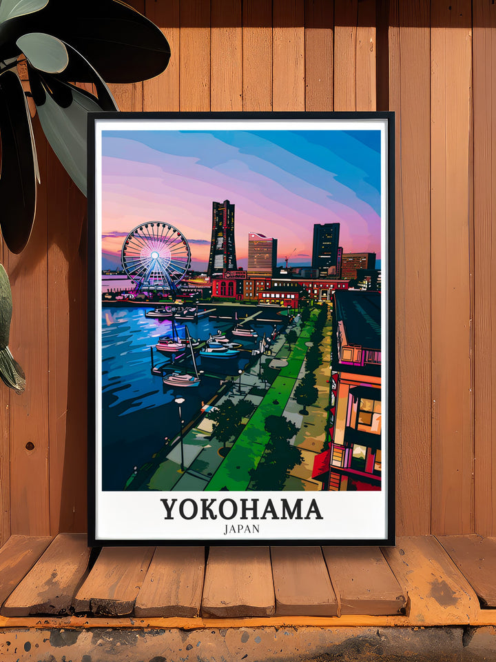 The Yokohama skyline, with its iconic Ferris wheel and the tranquil Yamashita Park, is captured in this detailed print. The artwork reflects the peaceful atmosphere of the park and the dynamic energy of the city, making it a versatile piece for any decor. Ideal for adding a touch of Japanese elegance to your home or office.