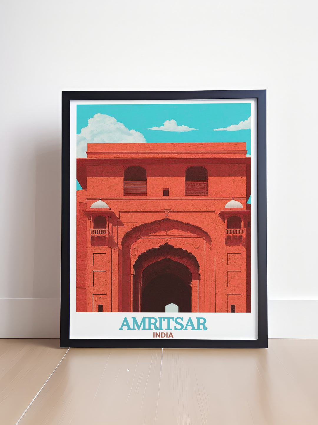 Amritsar poster print celebrates the cultural and historical significance of this northern Indian city. The travel print, featuring Gobindgarh Fort, makes for a unique addition to any home, perfect for lovers of Indian culture and history.