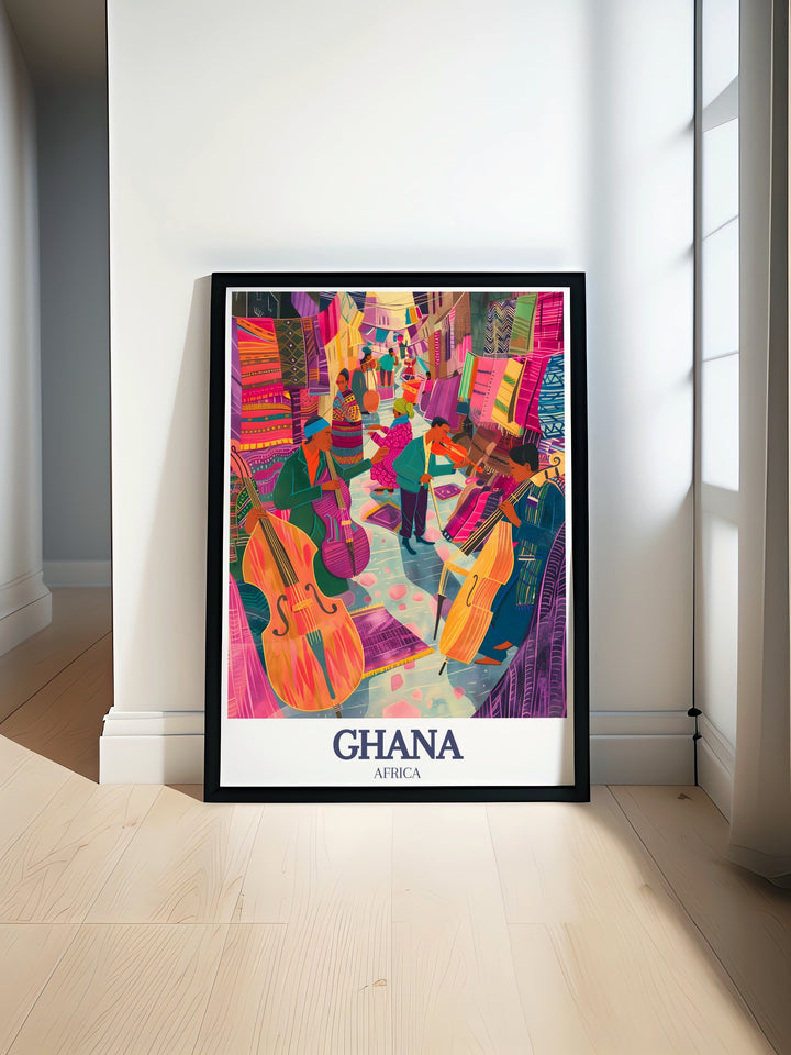 This colorful Ghana poster features Oxford Street in Accra, capturing the citys lively atmosphere in a modern design. Perfect for travel lovers or as a personalized gift for anyone with a special connection to Ghana.