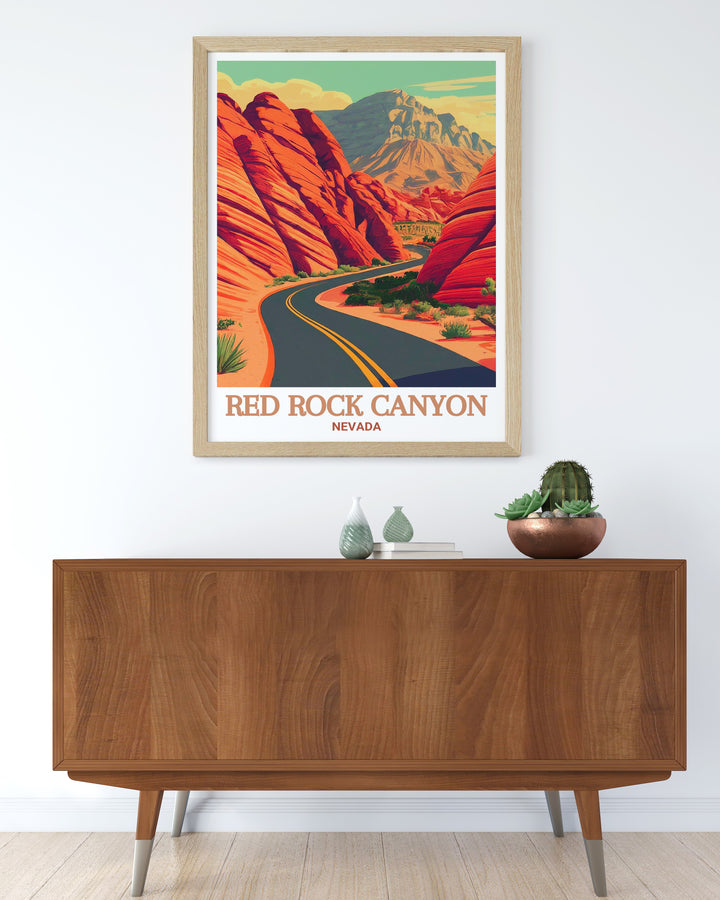 Nevada poster featuring Scenic Drive and Red Rock Canyon showcasing the natural beauty of the desert landscape perfect for enhancing your home with a unique wall art piece that adds depth and color.