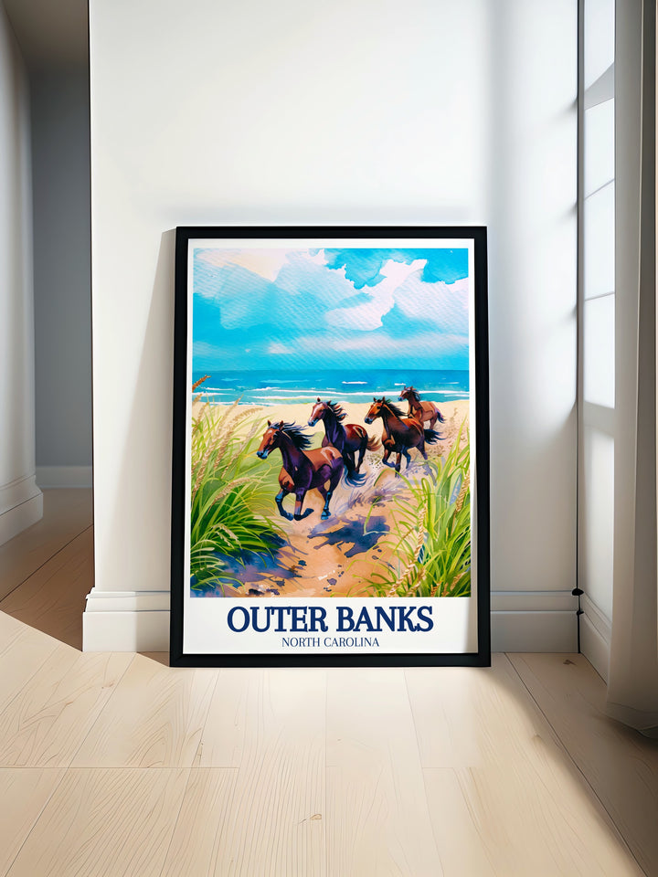 Corolla Beach Travel Print offering a detailed and scenic view of one of the Outer Banks most picturesque beaches. The print highlights the tranquility and natural beauty of Corolla Beach, making it a perfect piece for anyone who loves the ocean and seeks to bring a sense of peace into their home.