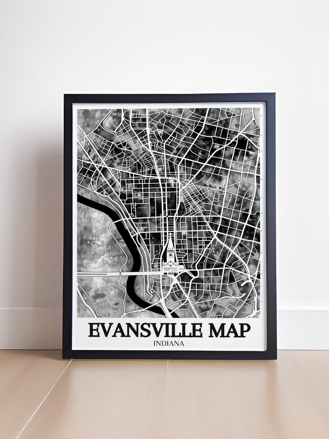 This Evansville city map poster print highlights the unique layout of the city, featuring the Ohio River and landmarks like the Cathedral of Saint Mary. Perfect for home or office décor, this travel print brings the essence of Evansvilles urban charm into your space.